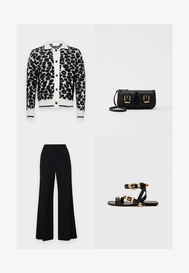 Cardigan cu imprimeu leopar alb-negru, cu un model texturat, având un sistem de închidere cu nasturi, manșete ribbate și guler în contrast.; Pantaloni negri cu picioare largi, cu talie înaltă, dintr-un material neted și cu linii curate. Fără accesorii sau modele vizibile.; Sandale din piele neagră cu accente aurii pe catarame, având mai multe curele și un design cu talpă plată pentru purtare cu degetele la vedere.; Geantă neagră din piele, tip crossbody, cu două buzunare frontale, catarame aurii, închidere cu fermoar și o curea subțire. Suprafață texturată și formă rectangulară compactă.