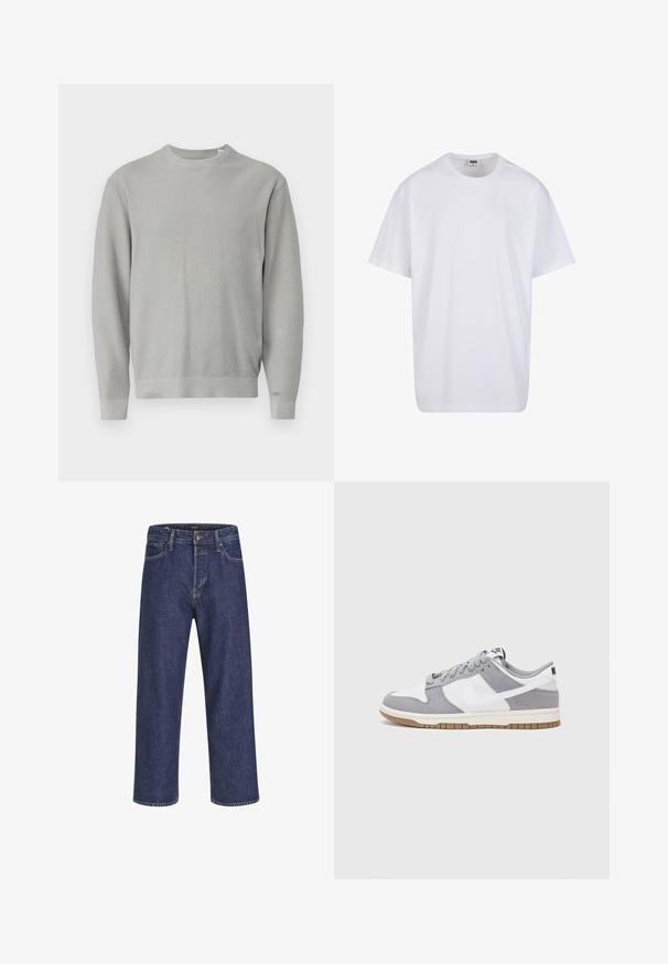 Suéter de punto gris claro con escote redondo, mangas largas, puños acanalados y dobladillo. Tejido texturizado con un patrón uniforme en toda su extensión.; Camiseta blanca de algodón con mangas cortas, cuello redondo, corte relajado y sin logotipos ni patrones visibles. Textura suave y diseño minimalista.; Vaqueros de mezclilla azul oscuro con corte recto, diseño de cinco bolsillos, cierre de botón metálico y costuras en contraste, que presentan una sutil textura.; Zapatilla gris y blanca con parte superior de ante y cuero, puntera redondeada, cordones planos y suela de goma con un acento de goma.