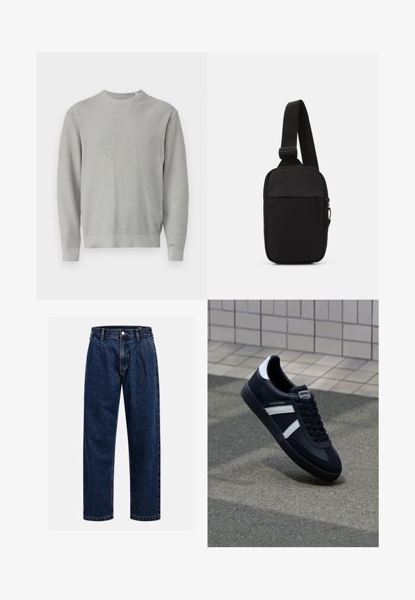 Light gray knit sweater with a round neckline, long sleeves, ribbed cuffs, and hem. Textured fabric with a consistent pattern throughout.; Dark blue denim jeans with a straight-leg design. Features visible stitching, a button closure, and front pleats for added detail.; Black leather sneaker with white stripes, textured rubber sole, and lace-up front. Features a branded label on the tongue.; Black crossbody bag made of durable fabric, featuring a single adjustable strap, a zippered main compartment, and a front pocket.