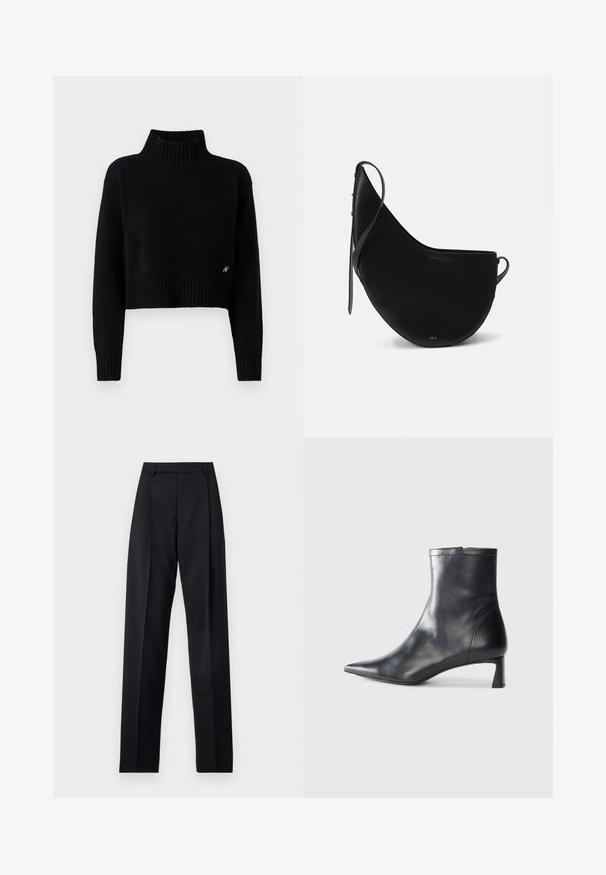 Crni skraćeni pulover s visokim rebrastim roll-neck-om, dugim rukavima i rebrastim rubom. Mekana tekstura, minimalistički dizajn, s malim detaljem logotipa.; Crne hlače od glatkog materijala s visokim strukom, širokim nogavicama, prednjim pregibima i klasičnim petljama za remen. Nema vidljivih bočnih džepova.; Crne kožne gležnjače s uskim vrhom i elegantnim dizajnom. Imaju niski potpetak i zatvaranje na patentni zatvarač straga. Glatka tekstura.; Crna kožna torbica u obliku zakrivljenog mjeseca, s tankom naramenicom i suptilnim zlatnim brandiranjem sprijeda. Glatka tekstura s minimalnim hardverom.