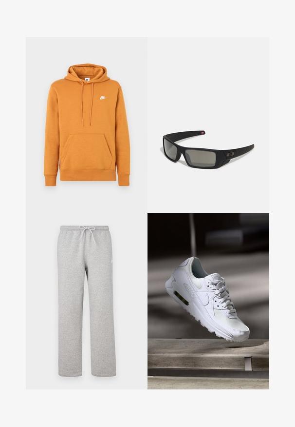 Hoodie laranja feito de tecido macio, com um bolso frontal, capuz com cordão e um pequeno logótipo branco da Nike no peito.; Calças de fato de treino cinzentas com cintura elástica e cordão. Feitas de tecido macio, apresentam pernas direitas e um detalhe subtil do logótipo.; Sapatilha Nike Air Max 90 branca com parte superior em malha e couro, caixa de dedos perfurada e uma unidade de ar visível no calcanhar.; Óculos de sol pretos com acabamento mate, lentes retangulares, leve curvatura nas hastes, detalhe sutil do logo e lentes de cor fumada.
