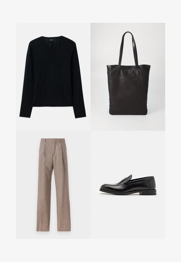 Black long-sleeve knit top with a crew neckline. Soft texture, relaxed fit, no visible patterns or accents.; Brown, high-waisted trousers made of textured fabric. Features wide legs and two front pleats for structure. Neat finish with no visible hardware.; Black leather loafers with a smooth texture, rounded toe, and a decorative strap across the vamp. Low stacked heel, minimalist design.; Black canvas tote bag with black leather handles. Simple design, spacious body, and a smooth texture. No visible logos or patterns.