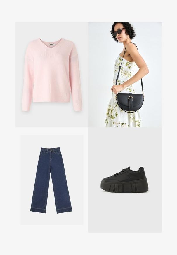 Rosa V-Ausschnitt-Pullover mit geripptem Design und langen Ärmeln. Weiches Material mit lockerer Passform, das minimalistische Markenkennzeichnungen auf dem Etikett aufweist.; Weite Jeans in dunkelblauem Denim. Verfügt über fünf Taschen, Gürtelschlaufen und einen rohen Saum am unteren Ende mit sichtbaren Nahtdetails.; Schwarze Plateau-Sneaker mit glattem synthetischem Obermaterial, abgerundetem Zehenbereich, Schnürdesign und dicker, profilierter Sohle für zusätzliche Höhe.; Schwarze Lederhandtasche mit geschwungener Form, abnehmbarem Tragegurt und goldenen Beschlägen. Die Tasche verfügt über einen Deckel mit einer Schnallen-Details.