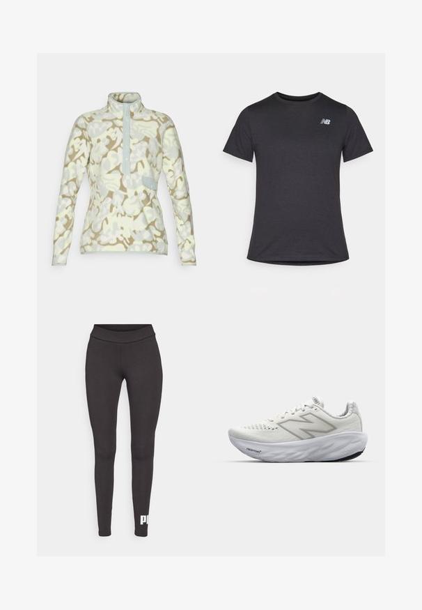 Šiltas džemperis šviesiai geltonos ir smėlio spalvos kamufliažo raštu, su aukštu apykaklė, mygtukų užsegimu ir krūtinės kišene su atvartu.; Juodas trumpomis rankovėmis marškinėliai, pagaminti iš minkštos medžiagos, su mažą pilką New Balance logotipą viršutiniame kairiajame krūtinės srityje, klasikinio apvalaus iškirpimo dizainas.; Juodi legginsai, pagaminti iš tamprios medžiagos, su aukštu juosmeniu ir baltu logotipu, atspausdintu ant kairės kojos apatinės dalies. Lygus paviršius.; Baliniai sportiniai bateliai su tinklinio viršumi, turintys paminkštintą apykaklę, tekstūruotą padas ir "Fresh Foam" prekės ženklo logotipą ant vidurio pado.