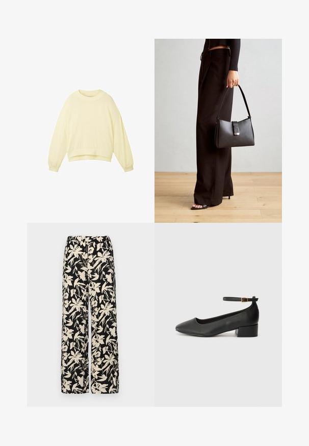 TOM TAILOR Trui - gelb; Zwart топ met korte mouwen van glad materiaal, voorzien van een peplum ontwerp en een riem in de taille met twee ronde, zilverkleurige knopen.; Zwarte wijde broek met een crèmekleurig bloemenpatroon. Gemaakt van lichtgewicht stof, met een zachte textuur en een hoge tailleband.; Zwarte leren pump met een spitse neus en een lage blokhak. Beschikt over een enkelband met een goudkleurige gespsluiting. Gladde textuur.; Zwarte handtas met gestructureerde vorm, gladde textuur en een metalen sluiting. Gecombineerd met brede zwarte broeken en sandalen met open teen op een houten vloer.