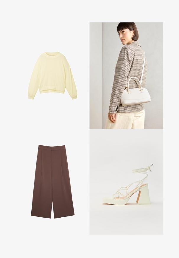 TOM TAILOR Pulover - gelb; Rjave široke hlače z gladko teksturo, ki imajo visok pas in sprednje naborke. Tkanina je lahka in prosto pada.; Bela sandala na visokih petah s debelim petam, ki ima obliko trakcev in vezanje okoli gležnja. Gladka tekstura z platformo spredaj za dodatno višino.; Bela strukturirana torba z kratkimi ročaji in naramnim trakom, z zlatimi okrasnimi elementi in teksturiranim materialom, prikazana na sivi podlagi.