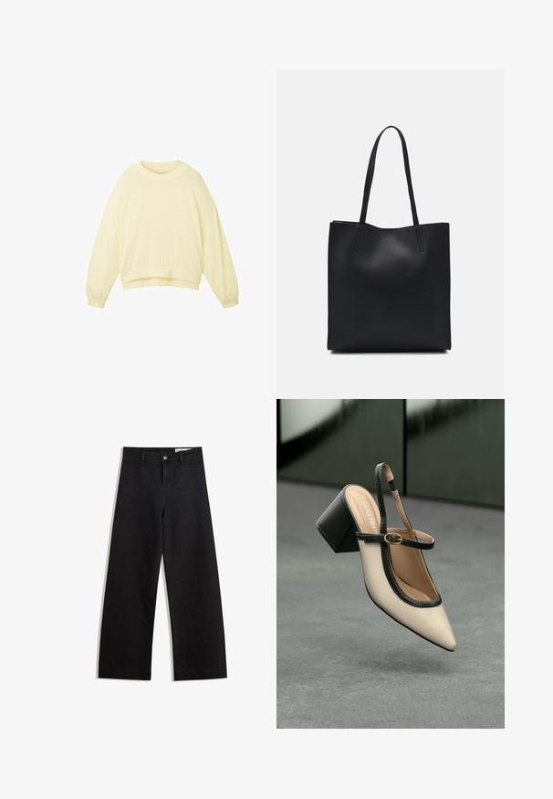 TOM TAILOR Svetr - gelb; Černé denimové kalhoty s volným střihem a vysokým pasem, vybavené předními a zadními kapsami, prošívanými švy a knoflíkovým zapínáním. Hladká textura.; Beige boty s špičatou špičkou a otevřenou patou, černými detaily, zlatou přezkou a silným blokovým podpatkem, na šedé podlaze s tmavě zeleným pozadím.; Černá kožená taška přes rameno s hladkým povrchem, obdélníkovým tvarem a dvěma dlouhými uchy. Žádné viditelné kování ani ozdoby.
