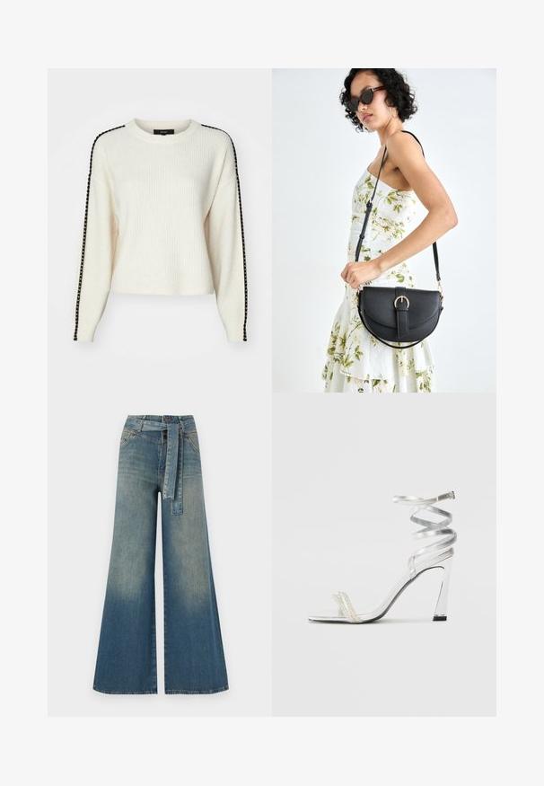 Vero Moda VMZORA O NECK - Trui - birch; Wijduitlopende denim broek met een lichte naar donkere blauwe gradient, hoge taille, riemlussen en een bijpassende stoffen riem. Gestructureerde denimafwerking.; Zilveren sandaal met hoge hakken en een glanzend bandontwerp, met een parelachtige accent en een gewikkelde enkelband voor een veilige pasvorm.; Zwarte leren handtas met een gebogen vorm, afneembare schouderband en gouden hardware. De tas heeft een klep met een gespsluiting.