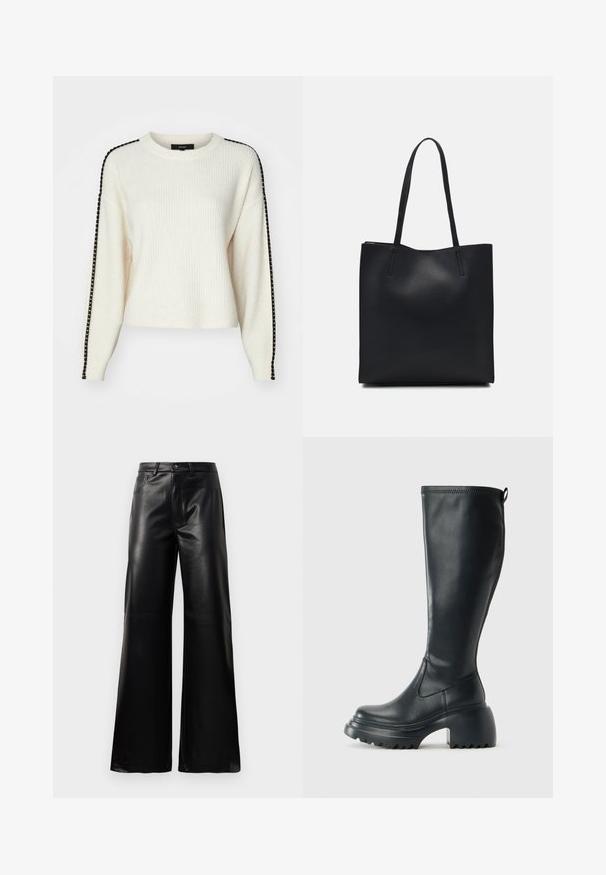 Vero Moda VMZORA O NECK - Maglione - birch; Pantaloni ampi a vita alta in ecopelle neri con bottone frontale, chiusura con zip, passanti per cintura e tasche laterali su sfondo bianco.; Stivale lungo in pelle nera con suola piatta robusta e tacco a blocco, dotato di linguetta e battistrada testurizzato sulla suola.; Borsa tote in pelle nera con texture liscia, forma rettangolare e due manici lunghi. Nessun hardware o decorazione visibile.