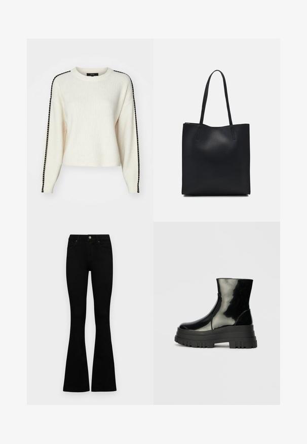 Vero Moda VMZORA O NECK - Strickpullover - birch; Schwarze hochtaillierte Jeans mit einem Knopf- und Reißverschluss, Fronttaschen und ausgestellten Beinen, flach auf einem weißen Hintergrund ausgelegt.; Schwarze, glänzende Knöchelstiefel mit dickem Profilsohle und abgerundeter Zehenform, Seitenansicht vor einem schlichten, hellgrauen Hintergrund.; Schwarze Laptoptasche aus Leder mit glatter Textur, rechteckiger Form und zwei langen Griffen. Keine sichtbaren Beschläge oder Verzierungen.