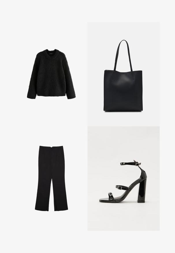 Next BOUCLE CREW NECK - Pulover - black; Črne hlače ravnega kroja z naglavnimi žepi in stranskimi razporki na robu. Narejene iz mehke, gladke tkanine. Primerne za različne priložnosti.; Črne lakirane sandale s peto, kvadratnim prstom, trakovi okrog gležnja in srebrnimi zaponkami. Opremljene so s stabilno Debelo peto.; Črna usnjena torba s svilnato teksturo, pravokotne oblike in dvema dolgima ročajema. Brez vidnih metalnih delov ali okrasnih elementov.