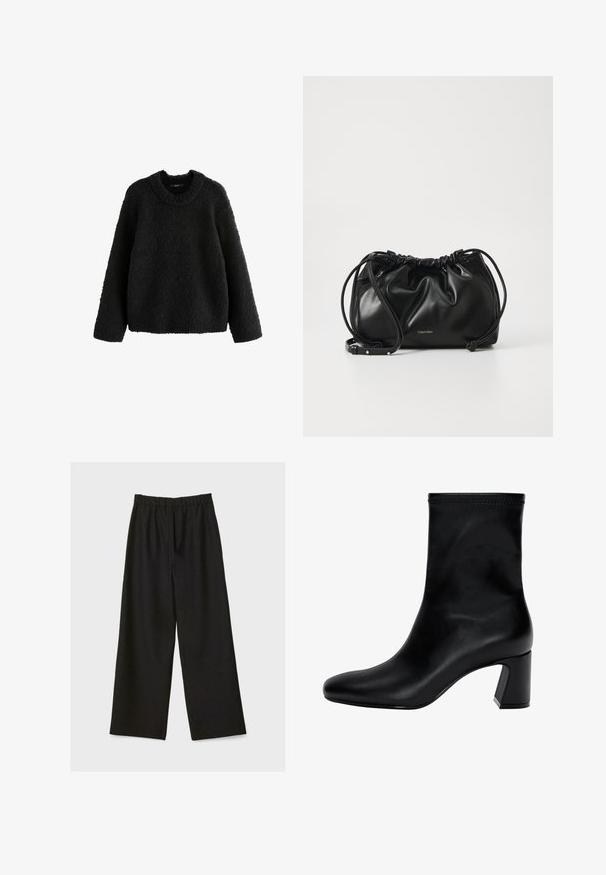 Next BOUCLE CREW NECK - Strickpullover - black; Schwarze weit geschnittene Hose mit elastischem Bund, flach auf einem hellen Hintergrund präsentiert.; Schwarzer Knöchelstiefel aus glattem Leder. Mit quadrater Zehenpartie, elastischem Schaft und einem stabilen Blockabsatz. Minimalistisches Design.; Schwarze Lederhandtasche mit gerafftem Design, doppeltem Kordelzugverschluss und abnehmbarem Schulterriemen. Mit metallic Logo-Details.