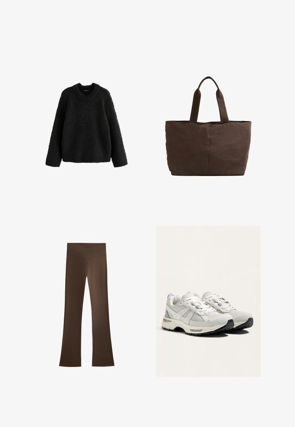 Next BOUCLE CREW NECK - Svetr - black; Hnědé kalhoty se širokými nohavicemi a vysokým pasem s křížovým designem. Vyrobeno z hladkého, elastického materiálu pro pohodlí a dobré padnutí.; Lehké běžecké boty v bílé a šedé barvě, vyrobené z síťoviny a semiše, se šněrováním, polstrovanou podrážkou a černou podrážkou s texturou.; Hnědá látková taška s dvěma pevným uchy, obdélníkový tvar, minimální detaily šití a hladká textura.