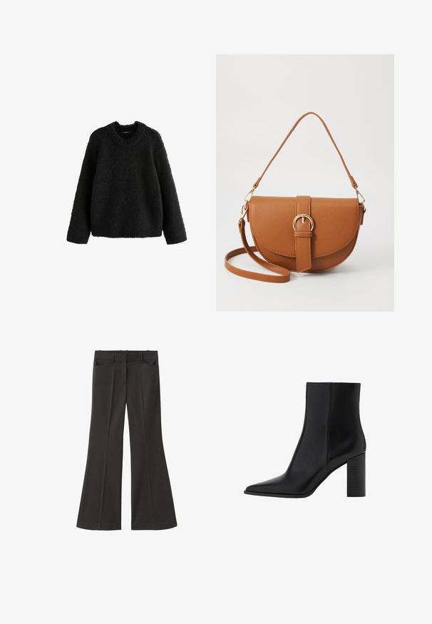 Next BOUCLE CREW NECK - Strickpullover - black; Schwarze, weit geschnittene Hosen mit hoher Taille; verfügt über zwei Fronttaschen und eine glatte Stoffoberfläche. Geeignet für verschiedene Anlässe.; Schwarze Leder-Ankle Boots mit spitzem Zehenbereich, quadratischem Absatz, glatter Textur und Nähten entlang der Nähte. Die Absätze messen ungefähr 8,9 cm.; Braune Leder-Crossbody-Tasche mit geschwungener Form, goldfarbenen Beschlägen und einer Schnallenakzentuierung. Verfügt über einen abnehmbaren Schultergurt.