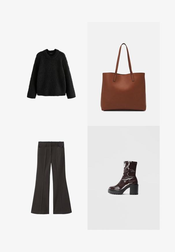 Next BOUCLE CREW NECK - Pulover - black; Pantaloni evazați negri, cu talie înaltă; au două buzunare frontale și o textură de stofă netedă. Potriviți pentru diverse ocazii.; Botine lucioase burgundy, cu toc gros negru, având o textură netedă și un design simplu. Fără închideri sau modele vizibile.; Geantă de umăr din piele maro cu o textură netedă, design cu vârf deschis și două curele pentru umăr. Prezintă cusături minime și fără componente metalice vizibile.
