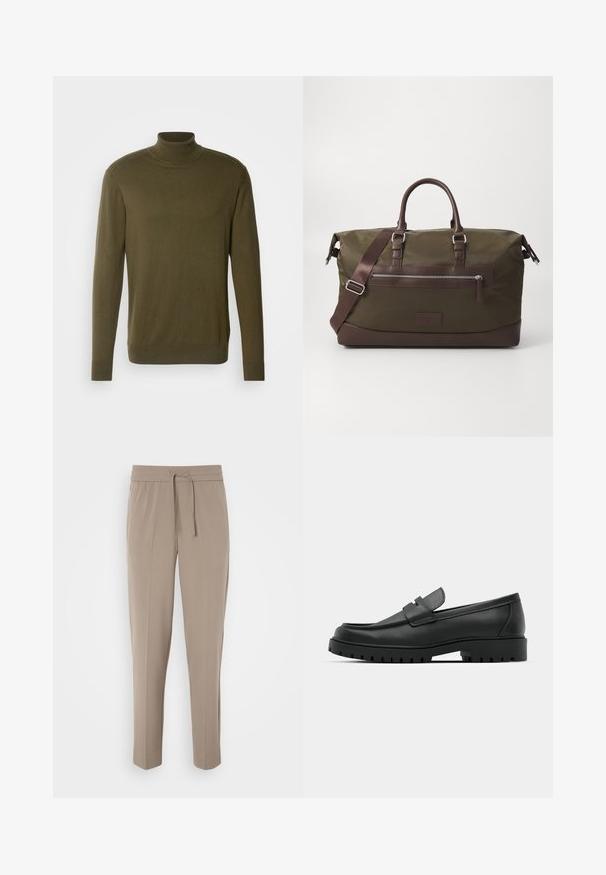 Olivengrøn højhalset sweater lavet af glat, let materiale; har lange ærmer og ribbede manchetter og kant.; Lys beige bukser med elastisk talje, justerbar snor og tapered ben. Stoffet ser glat ud med en let glans.; Sorte læder loafers med rund tå, der har et syet design, lav platformssål og en struktureret, skridsikker gummisål.; Canvas duffel bag i olivengrøn med brune læderdetaljer, der har dobbelte hanke, en aftagelig skulderrem og en frontlomme med lynlås.