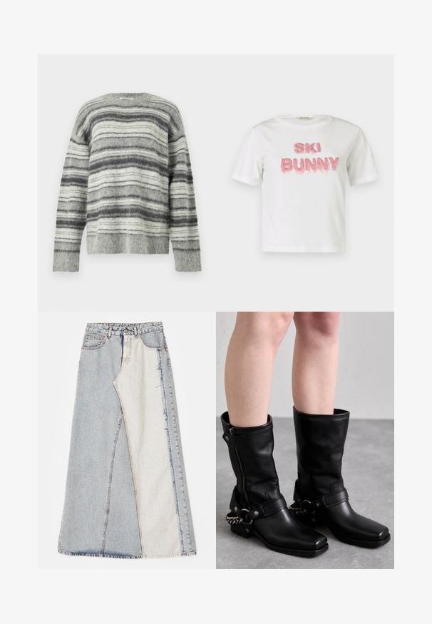 Grau gestreifter Pullover aus weichem, flauschigem Material. Mit horizontalen Streifen in verschiedenen Grautönen und Weiß. Rundhals, lange Ärmel.; Weißes Baumwoll-T-Shirt mit erhabenen rosa Kunstpelz-Buchstaben "SKI BUNNY". Kurze Ärmel und Rundhalsausschnitt.; Jeansrock mit einem Patchwork-Design in hell- und mittelblauen Abschnitten, ausgefransten Säumen und hoher Taille. Klassischer Fünf-Taschen-Stil.; Schwarze Lederstiefel bis zum Knie mit eckiger Zehenpartie, seitlichem Reißverschluss und verstellbarem Riemen mit einer Metallkette. Mattes Finish und robuste Sohle.