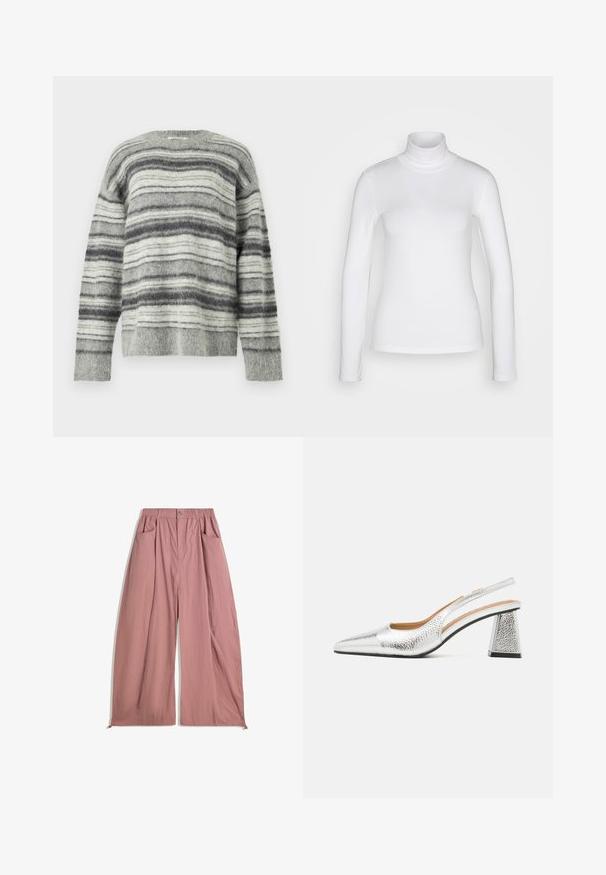Szary sweter w paski wykonany z miękkiego, puszystego materiału. Posiada poziome paski w różnych odcieniach szarości i bieli. Okrągły dekolt, długie rękawy.; Biała bluzka z długim rękawem i kołnierzem typu golf wykonana z gładkiego, elastycznego materiału. Posiada dopasowany krój i wysoki kołnierz. Brak widocznych wzorów lub akcentów.; Luźne, wysokie spodnie w delikatnym różowym kolorze, wykonane z miękkiej tkaniny. Posiadają elastyczny pas, dwie boczne kieszenie oraz gładkie, fakturowane wykończenie.; Srebrne czółenka slingback z wąskim noskiem, metalicznym wykończeniem oraz trójkątnym obcasem blokowym. Wnętrze zdobione brązowymi skórzanymi detalami.