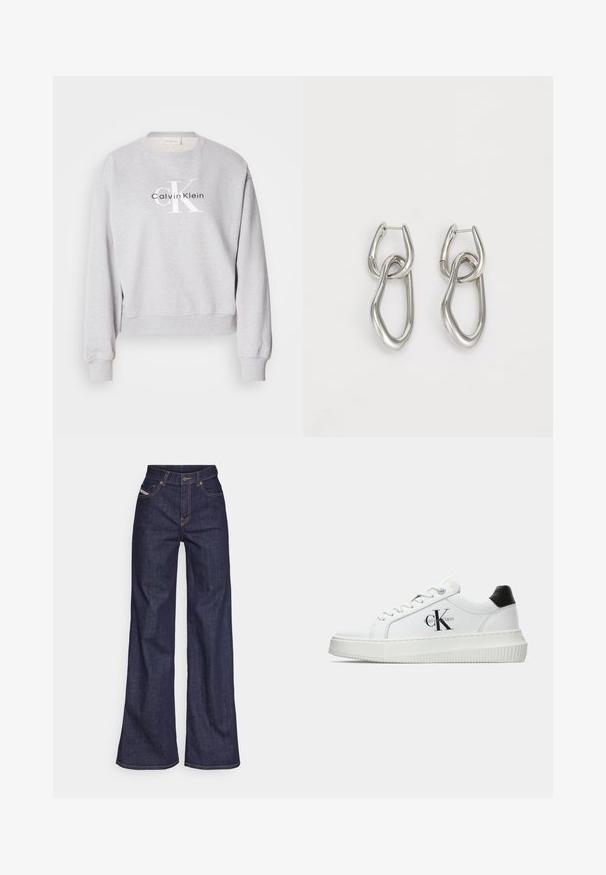 Šedá mikina s kulatým výstřihem, dlouhými rukávy a žebrovanými manžetami. Obsahuje tištěné logo: "Calvin Klein" a "cK" v černé a bílé barvě.; Tmavě modré džíny s širokým střihem vyrobené z denimové tkaniny, s vysokým pasem, oranžovým prošíváním, pěti kapsami a zapínáním na knoflík.; Bílé nízké tenisky s černým patním tabem, platformovou podrážkou, tkaničkami a logem Calvin Klein "CK" na boku.; Calvin Klein STATEMENT LINKS - Náušnice - silver-coloured