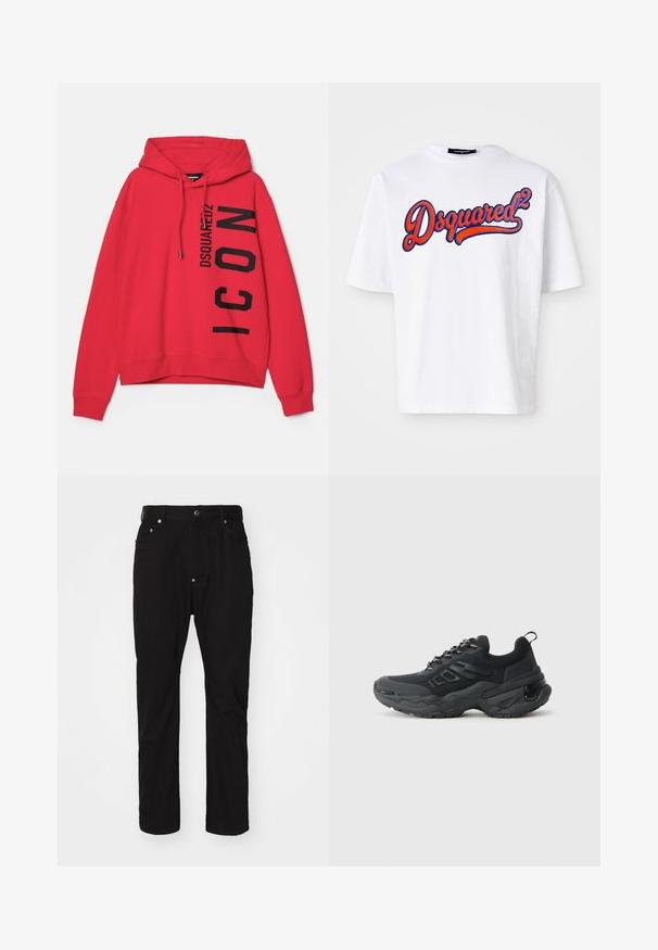 Hoodie rouge avec une poche kangourou frontale, capuche à cordon de serrage et graphiques en texte noir surdimensionné, portant la marque "DSQUARED2 ICON" sur le côté.; T-shirt en coton blanc avec col rond, arborant un logo "Dsquared²" brodé en bleu et rouge sur le devant. Manches courtes.; Pantalon en coton noir avec une coupe droite, fermeture à bouton, design à cinq poches et texture subtile. Pas de décorations ou de motifs visibles.; Baskets de sport noires avec un dessus en maille texturée, semelle en caoutchouc épaisse et accents réfléchissants. Comprend des lacets épais et une languette à l'arrière.