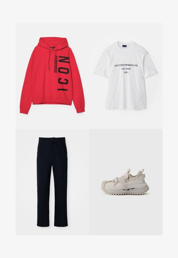 Red hoodie featuring a front kangaroo pocket, drawstring hood, and oversized black text graphic, branded "DSQUARED2 ICON" on the side.; White cotton t-shirt with short sleeves, featuring "EMPORIO ARMANI MILANO 1981" in dark gray lettering and a logo. Classic crew neck design.; Navy blue trousers made of cotton, featuring a straight-leg design, a front button closure, and classic waistband with belt loops.; Light gray sneakers with a textured sole, elastic straps, and a cushioned ankle. Designed with a rounded toe and minimalistic silhouette.