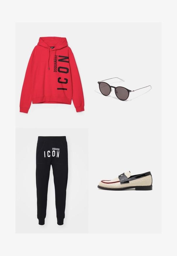 Rode hoodie met een voorste kangoeroezak, een capuchon met trekkoord en een oversized zwart tekstafdruk, gemarkeerd "DSQUARED2 ICON" aan de zijkant.; Zwarte sweats met een zachte textuur, toelopende pijpen en zakken. De achterkant toont "DSQUARED2 ICON" in dikke witte letters.; Beige loafers met een reliëfpatroon, rode accentstreep en glanzende zwarte hak. Heeft een band met gespdetail. Platte zwarte zool.; Zwarte ronde zonnebril met donkere lenzen en slanke metalen armen. Inclusief heldere tempelpunten en zilveren accenten bij de scharnier. Minimalistisch ontwerp.