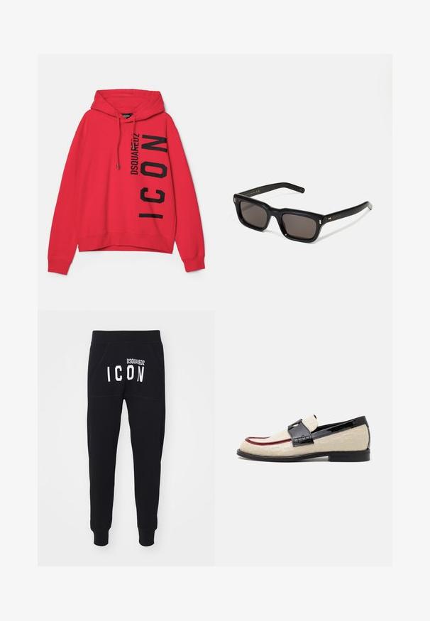 Rode hoodie met een voorste kangoeroezak, een capuchon met trekkoord en een oversized zwart tekstafdruk, gemarkeerd "DSQUARED2 ICON" aan de zijkant.; Zwarte sweats met een zachte textuur, toelopende pijpen en zakken. De achterkant toont "DSQUARED2 ICON" in dikke witte letters.; Beige loafers met een reliëfpatroon, rode accentstreep en glanzende zwarte hak. Heeft een band met gespdetail. Platte zwarte zool.; Zwarte rechthoekige zonnebril met donkere lenzen, een dik plastic montuur, gouden accenten op de veren en het merkembleem gegraveerd op de arm.