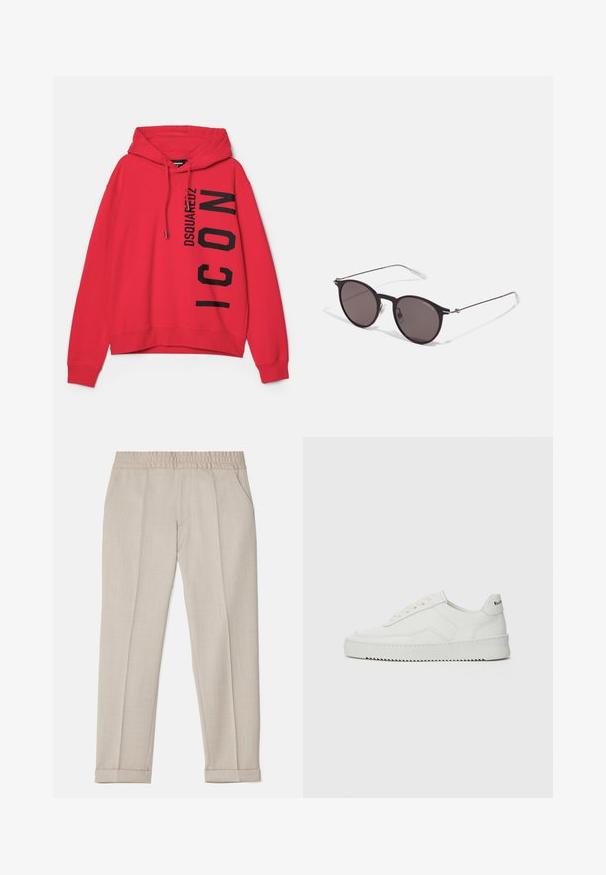 Sudadera roja con capucha, que cuenta con un bolsillo canguro en la parte delantera, cordones en la capucha y un gráfico de texto negro de gran tamaño, con la marca "DSQUARED2 ICON" en el lateral.; Filippa K TERRY CROPPED TROUSERS - Pantalones - sage melange; Zapatilla de cuero blanca con un acabado suave, puntera redonda, cordones planos y suela texturizada. Cuenta con un sutil logo en el talón.; Gafas de sol redondas negras con lentes oscuros y brazos metálicos delgados. Incluye puntas de varilla transparentes y acentos plateados en la bisagra. Diseño minimalista.