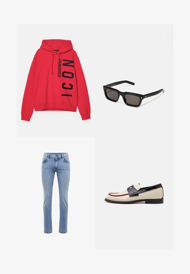 Hoodie rouge avec une poche kangourou frontale, capuche à cordon de serrage et graphiques en texte noir surdimensionné, portant la marque "DSQUARED2 ICON" sur le côté.; Jeans en denim bleu clair avec une coupe slim, cinq poches et une coupe droite. Présente une fermeture éclair et des passants de ceinture. Texture douce.; Mocassins beige avec un motif en relief, une bande accentuée rouge et un talon noir brillant. Ils disposent d'une lanière avec une boucle décorative. Semelle noire plate.; Lunettes de soleil noires rectangulaires avec des verres foncés, monture en plastique épais, accents dorés sur les branches et logo de la marque gravé sur le bras.