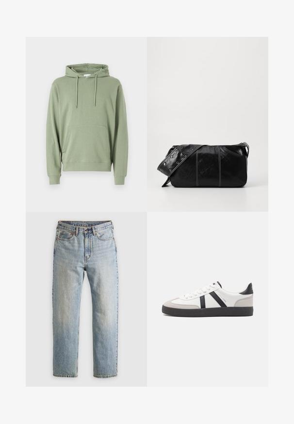 Hanorac cu glugă dintr-un amestec de bumbac verde deschis, având mâneci lungi, un buzunar frontal și șnur pentru ajustare.; Jeans din denim de culoare albastru deschis, cu talie înaltă, nasture frontal, fermoar și design cu cinci buzunare, așezate platesc pe un fundal neutru.; Sneaker alb cu accente negre și gri, având un capac de vârf gri texturat, talpă din cauciuc negru și șireturi plate albe. Design elegant, stil minimalist.; Geantă de umăr din piele neagră cu închidere cu fermoar, având un corp texturat, cusături albe și o curea cu ochiuri argintii.