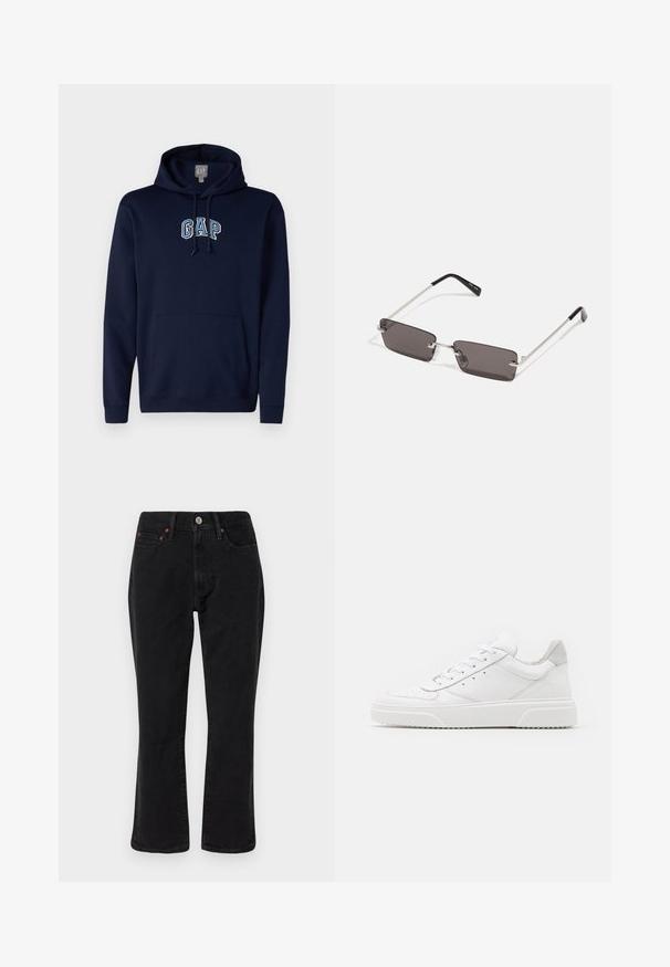 GAP TONAL ARCH - Kapuzenpullover - navy; Schwarze Jeans aus Denim mit geradem Bein, Fünf-Taschen-Design und metallischen Elementen mit Kupferakzenten. Glatte Textur und mittelhoher Bund.; Weiße Leder-Sneaker mit glatter Oberfläche, rundem Zehenbereich, flachen Schnürsenkeln und strukturiertem Schuhsohlen. Graues Wildleder-Detail an der Ferse.; Sonnenbrille mit rechteckigen, dunkelgrauen Gläsern, silbernen Metallrahmen und schwarzen Kunststoffenden an den Bügeln. Leichtes Design mit Nasenpads.