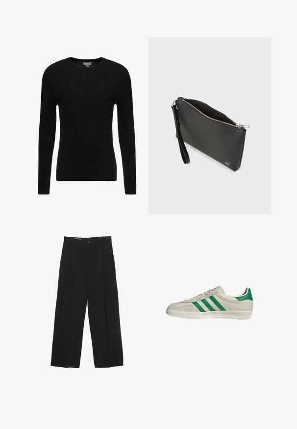 Maglione nero a maniche lunghe con collo a girocollo; tessuto testurizzato con linee verticali; silhouette aderente; senza decorazioni o accenti visibili.; Pantaloni neri a gamba larga realizzati in tessuto morbido, con vita piatta, pinces frontali e chiusura con un bottone.; Sneaker beige con strisce verdi, con suola bianca e tomaia in pelle liscia. Vista laterale che evidenzia i dettagli dei lacci e il logo.; Borsa a mano nera con pelle testurizzata, dettagli lisci, zip superiore e tracolla removibile. Design rettangolare compatto, branding minimale.