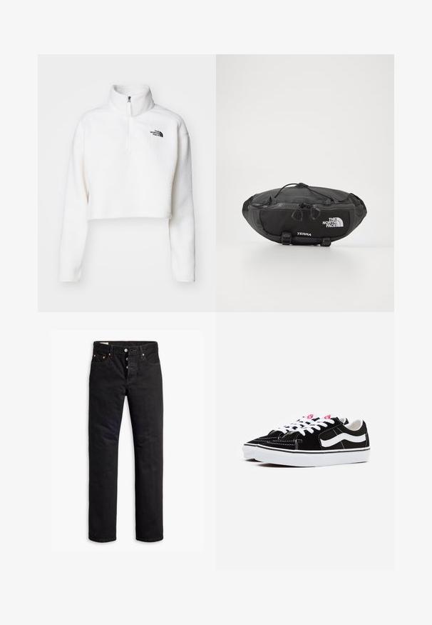 Pullover in pile bianco, corto, con colletto alto e zip frontale a metà. Presenta un logo nero sul lato sinistro del petto. Tessuto morbido e testurizzato.; Jeans in denim nero con taglio dritto, design a cinque tasche e chiusura con bottoni. Presentano rivetti in rame e dettagli di cucitura.; Sneaker in suede nera con lacci bianchi, dotate di una marcata striscia laterale bianca e suola in gomma nera, che mette in evidenza dettagli di cucitura a contrasto.; The North Face TERRA LUMBAR 3L UNISEX - Marsupio - asphalt grey/black