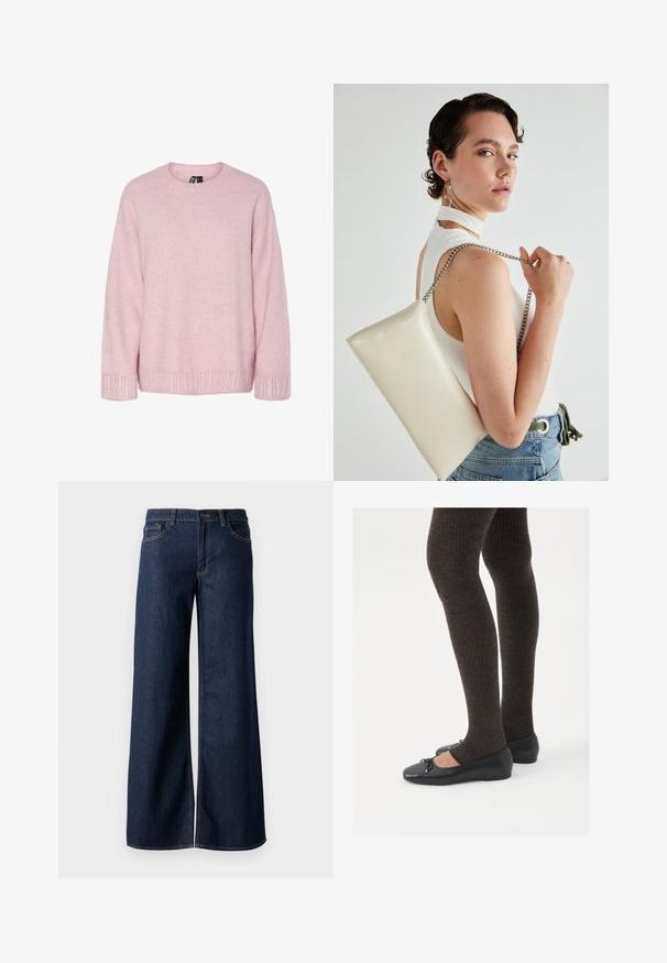 Svijetloružičasti pleteni džemper s okruglim izrezom, širokog kroja i rebrastim detaljima na manžetnama i rubu. Mekana tekstura s diskretnim uzorkom.; Široke traperice u tamnoplavoj denim boji. Sadrže kontrastno šivanje, pet džepova i kopčanje na dugme u struku. Glatka tekstura.; Crne ravne cipele s malim mašnom na vrhu prstiju, uparene s tamnosmešnim rebrovanim čarapama. Cipele imaju glatku teksturu i nizak profil.; Bijela pravokutna torbica s kopčanjem, izrađena od sjajnog materijala, s srebrnim lančićem. Model pozira, prikazujući torbicu na jednostavnoj pozadini.