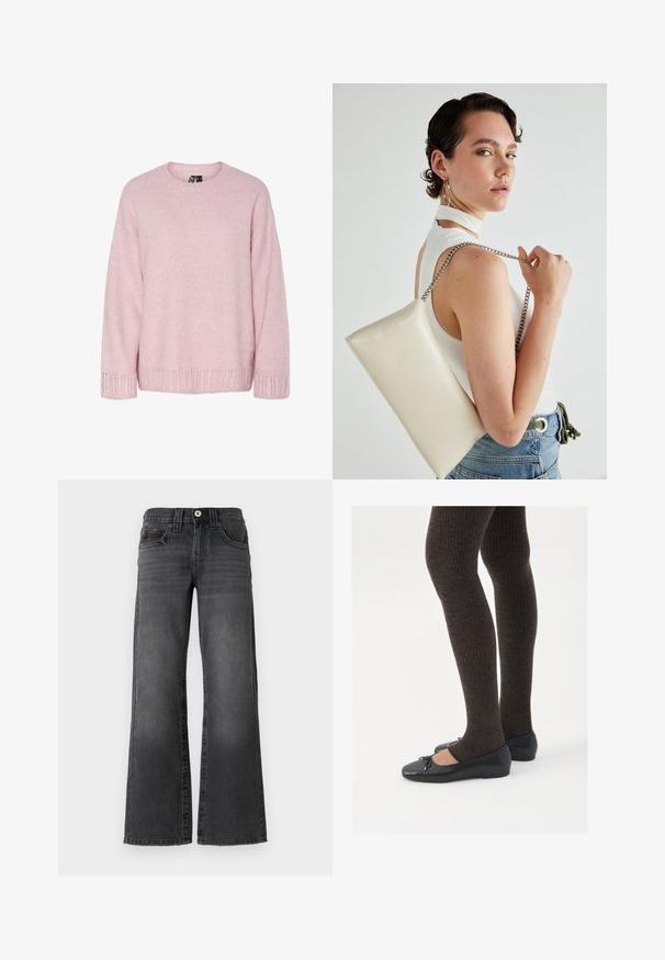 Světle růžový pletený svetr s kulatým výstřihem, volným střihem a žebrovanými detaily na manžetách a spodním lemu. Měkká textura s jemným vzorem.; Široké džínsy z tmavě šedého denimu. Obsahují pět kapes, zapínání na knoflík a jemné vyblednutí na látce. Klasické švy dodávají akcent.; Černé ploché boty s malou mašlí na špičce, kombinované s tmavě hnědými žebrovanými punčochami. Boty mají hladký povrch a nízký profil.; Bílá obdélníková psaníčko vyrobené z lesklého materiálu, se stříbrným řetízkovým popruhem. Modelka pózuje a předvádí tašku na jednobarevném pozadí.