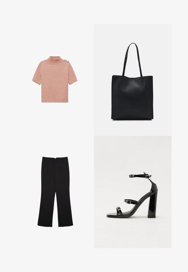 Ružový krátky svetr s rolákom vyrobený z jemnej látky, ktorý má na ľavom ramene tri dekoratívne gombíky pre extra detail.; Čierne nohavice so strihom rovného strihu, s prednými vreckami a bočnými rozparkami na leme. Vyrobené z mäkkej, hladkej tkaniny. Vhodné na rôzne príležitosti.; Čierne lakované sandále na podpätku so štvorcovou špičkou, navlečenými remienkami okolo členku a striebornými prackami. Disponujú masívnym blokovým podpätkom pre stabilitu.; Čierna kožená taška na rameno s hladkým povrchom, obdĺžnikovým tvarom a dvoma dlhými uchami. Bez viditeľného kovania alebo ozdôb.