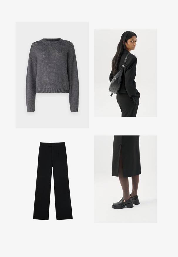Grauer Strickpullover mit Rundhalsausschnitt, langen Ärmeln und geripptem Saum. Hat eine strukturierte, leicht lockere Maschenware.; Schwarze weit geschnittene Hosen aus glattem Stoff, mit einem Frontknopfverschluss und zwei Falten für zusätzliche Details. Maßgeschneiderter Gesamteindruck.; Schwarze Lederschuhe mit abgerundetem Zeh, dicker Blockabsatz und elastischen seitlichen Akzenten, kombiniert mit dunklen Strumpfhosen und einem schwarzen Rock mit Schlitz.; Frau mit langen dunklen Haaren, die einen schwarzen Anzug trägt und eine schwarze Lederschultertasche hält, schaut über ihre Schulter vor einem weißen Hintergrund.