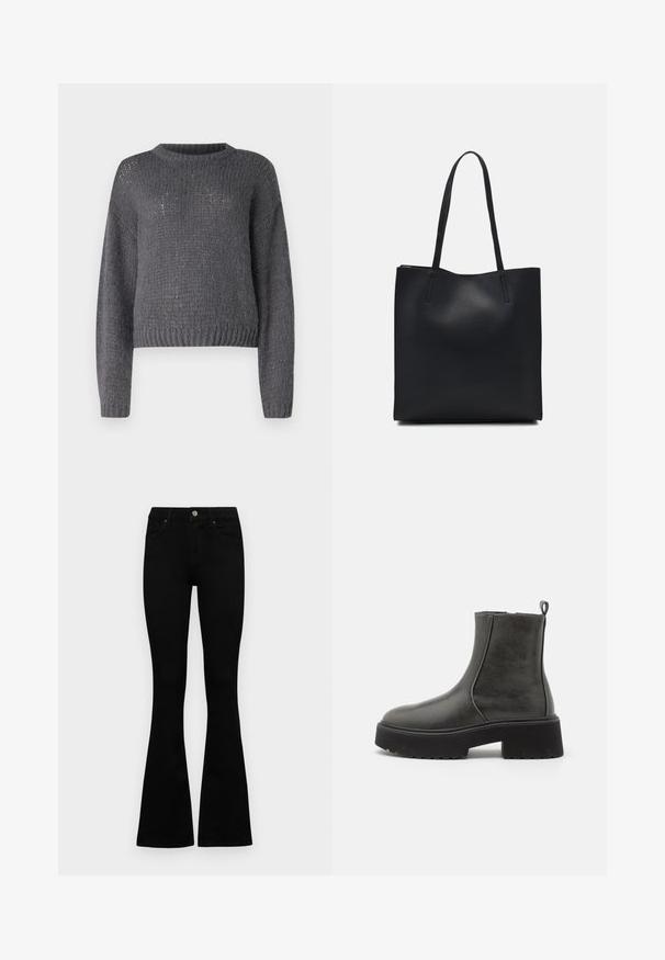 Sweater cinza em malha com decote redondo, mangas longas e bainha canelada. Apresenta uma trama texturizada, ligeiramente solta em todo o seu comprimento.; Jeans pretos de cintura alta com fecho de botão e zíper, bolsos frontais e pernas largas dispostos em cima de um fundo branco.; Botas de tornozelo pretas com um cabedal sintético liso, painéis laterais elásticos, uma alça de puxar e uma sola de borracha grossa.; Bolsa tote preta em couro com textura lisa, forma retangular e duas alças longas. Sem hardware ou enfeites visíveis.