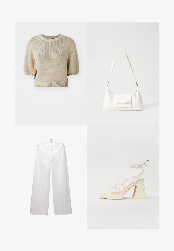 Bežna pletena kratkohandsekva majica s krožen ovratnikom. Ima teksturirano, ohlapno tkanje in rebraste robove za strukturirano prileganje.; Bele široke jeans hlače iz denima. Imajo gumbasto zapiranje, sprednje in zadnje žepe ter šivane šive. Gladka tekstura z minimalnimi detajli.; Bela sandala na visokih petah s debelim petam, ki ima obliko trakcev in vezanje okoli gležnja. Gladka tekstura z platformo spredaj za dodatno višino.; Bela sintetična torbica v obliki trikotnika, z ravnim sprednjim poklopcem in detajlom mašne, nastavljivim trakom, gladko teksturo in minimalističnim dizajnom.