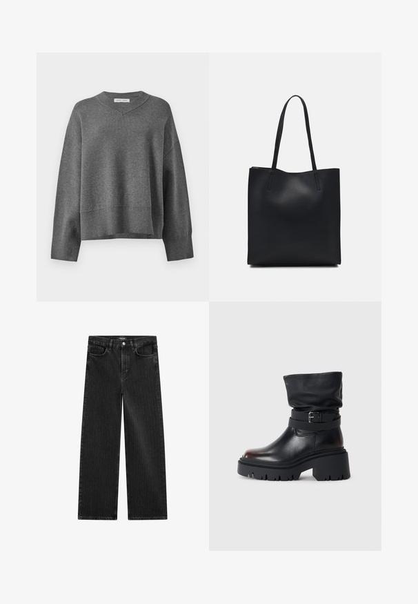 Gray knit sweater with a V-neck, ribbed cuffs, and bottom hem. Features dropped shoulders and a loose boxy fit. Soft texture.; Wide-leg black denim jeans with a subtle vertical stripe pattern, featuring five-pocket design and a classic button closure at the waist.; Black leather ankle boot with a slouchy upper, buckle detail, and thick, rugged sole. Features a round toe and smooth texture.; Black leather tote bag with smooth texture, rectangular shape, and two long handles. No visible hardware or embellishments.