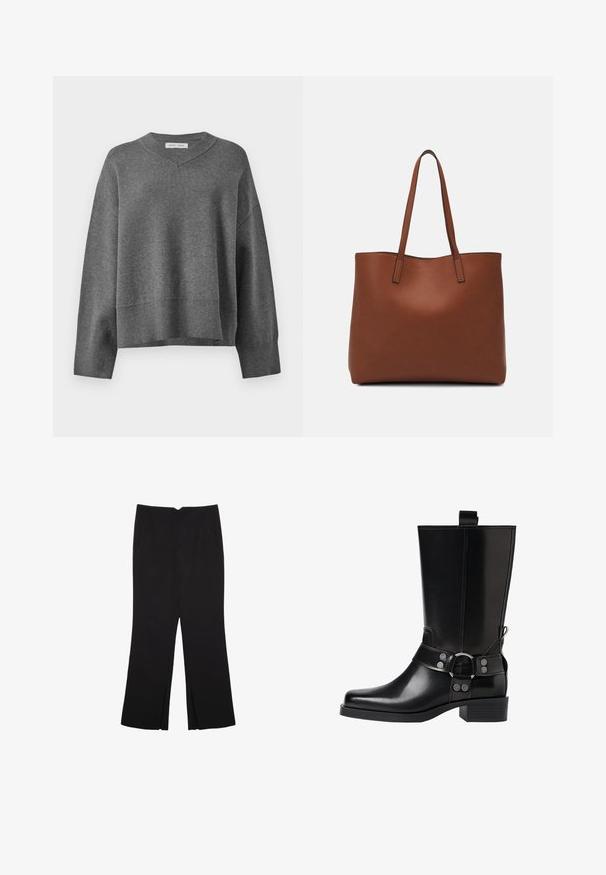 Maglione grigio a maglia con scollo a V, polsini e orlo inferiore a costine. Presenta spalle basse e una vestibilità ampia e squadrata. Tessuto morbido.; Pantaloni neri a gamba dritta, con tasche frontali e spacchi laterali all'orlo. Realizzati in tessuto morbido e liscio. Adatti a diverse occasioni.; Stivale in pelle nera alto fino al ginocchio con punta affusolata, dettagli in argento e tacco largo. Presenta un inserto per facilitare l'indossamento.; Borsa tote in pelle marrone con texture liscia, design con apertura superiore e due spallacci. Presenta cuciture minime e nessun hardware visibile.