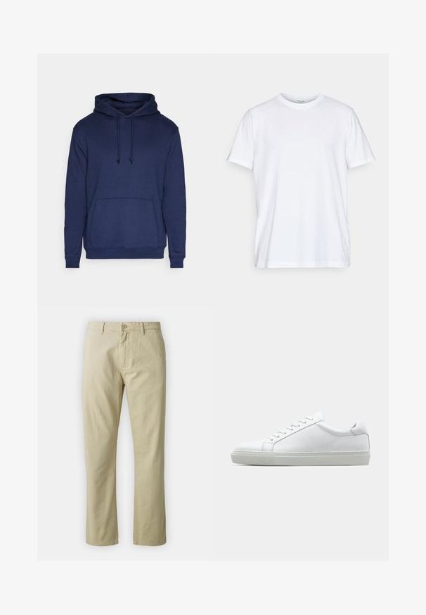 Hanorac din bumbac de culoare bleumarin, cu mâneci lungi, glugă cu șnur și buzunar tip cangur în față. Textură fină, croi lejer, cu manșete și margine ribber.; Tricou din bumbac alb cu mâneci scurte, guler rotund și o croială lejeră. Prezintă un design minimalist, fără modele sau accente.; Pantaloni din bumbac bej cu un design drept, închidere frontală cu buton și curea. Textură netedă, fără modele sau accente vizibile.; Adidași albi cu o suprafață din piele netedă și un profil jos. Au un vârf rotunjit, șase orificii pentru șireturi și o talpă din cauciuc texturată.