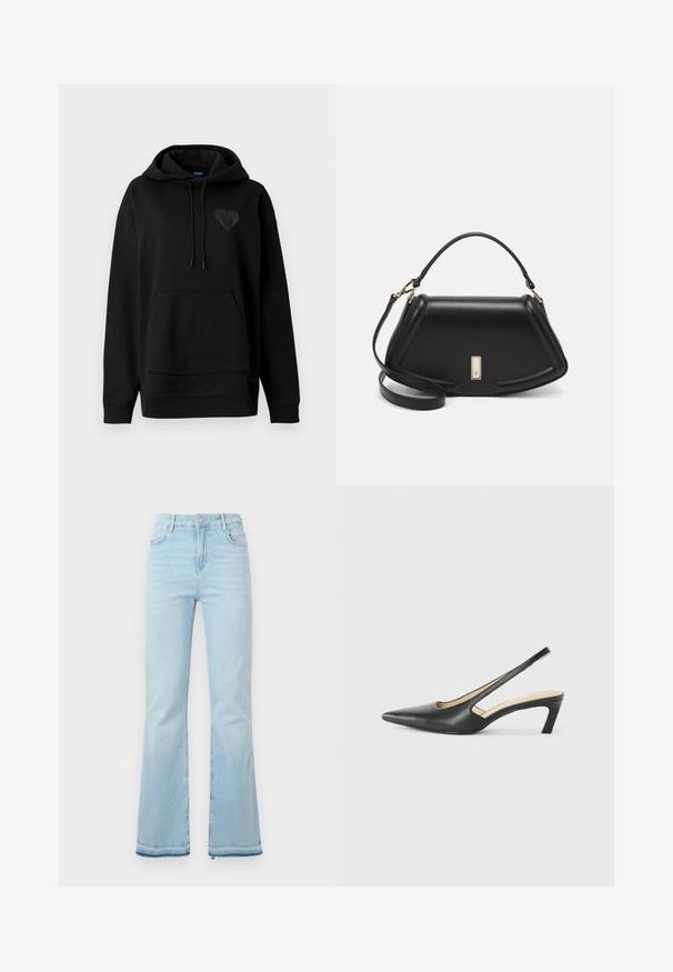 Črna kapuca iz mehkega materiala, z kenguru žepom, vrvico in sijočim srcem logotipom na prsih. Preprost, sproščen kroj.; Svijetloplave traperice s rasponom, visokog struka, s prednjim džepovima i sirovim rubom na manžetama za ležeran izgled.; Črne čevlje s koničastimi nosovi in slingback obliko z nizko peto, izdelane iz gladke usnjene materiale ter s črtasto zasnovo na strani za prezračevanje.; Črna usnjena torbica s strukturnim dizajnom, ki ima skrajšano obliko, zgornji ročaj in zlate dodatke. Vključena je nastavljiva ramenska naramnica.