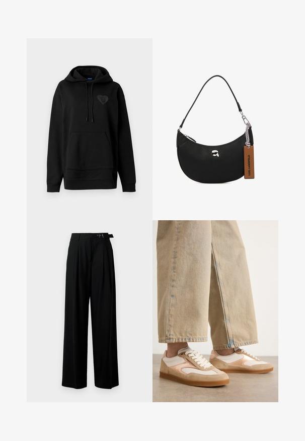 Zwarte hoodie gemaakt van zacht stof, met een kangoeroe-pocket, koorden en een glanzend hartlogo op de borst. Eenvoudige, relaxte pasvorm.; Zwarte wijde broek met hoge taille, plooien aan de voorkant en een riem met een gesp. Gemaakt van glad, lichtgewicht stof.; Tan en crèmekleurige sneakers met een ontwerp van suede en mesh, voorzien van vetersluiting en rubberen zolen, gecombineerd met tan wijde jeans.; Zwarte leren handtas met een steentjesstructuur, gebogen vorm, bovenste ritsluiting, zilverkleurige hardware en een bruine label. Bevat een logo-accent.