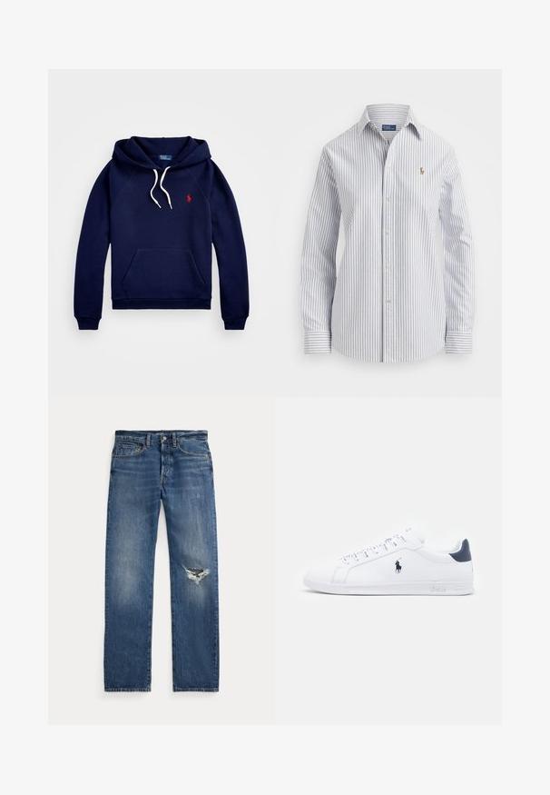 Jūržalių džemperis, pagamintas iš medvilnės mišinio, su kengūrų kišene, tekstūruotu audiniu, baltais raišteliais ir mažąja raudona logo ant krūtinės.; Juostuota šviesiai mėlyna ir balta marškinėlių chemija, pasižyminti minkšta medžiaga, klasikinė apykaklė ir siuvinėjama logo ant krūtinės.; Mėlyni džinsai su vidutiniais liemeniu, penkiomis kišenėmis ir suplėšymu dešiniajame kelyje.; Baltos odinės sportbačiai su lygiu paviršiumi, tamsiai mėlyni akcentai ir mažas logotipas šone. Yra plokščios raišteliai ir tekstūruotas gumos padas.