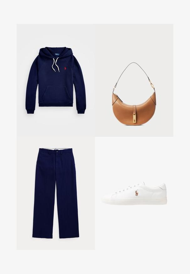 Tengerészkék kapucnis pulóver pamut keverékből, kenguruzsebbel, texturált anyaggal, fehér húzózsinórral és egy kis piros logóval a mellrészen.; Sötétkék egyenes szárú nadrág övgyűrűkkel, gombos zárással és oldalsó zsebekkel egy sima világos háttér előtt.; Fehér bőr sportcipők, alacsony fazonban, sima textúrával, kerek orral, fűzős előlappal és egy kis hímezett logóval az oldalon.; Nádj bőr kézitáska íves formával, arany színű fém díszítéssel és vékony vállpánttal. Cipzárral záródik és logó részlet található az elején.