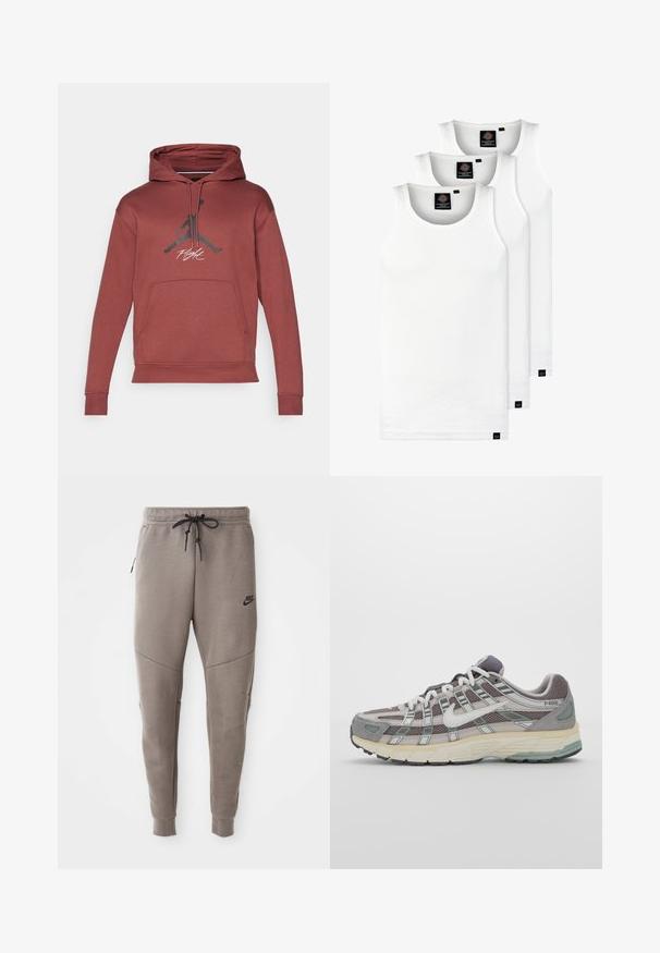 Röd atletisk hoodie med en kenguruficka, dragsko i huvan och en svart Jumpman-logotyp med texten "Flight" i vitt över framsidan.; Tre vita ribbade linnen i bomull. Har rund halsringning och små svarta etiketter vid fållen. Finns i flera storlekar.; Grå Nike sweatpants med dragsko i midjan, avsmalnande ben, sidofickor och tydlig sömdekoration. Mjuk, strukturerad tyg.; Grå atletiska sko med en överdel av mesh och mocka, vita accenter, en vadderad sula och en unik design med reflekterande element.