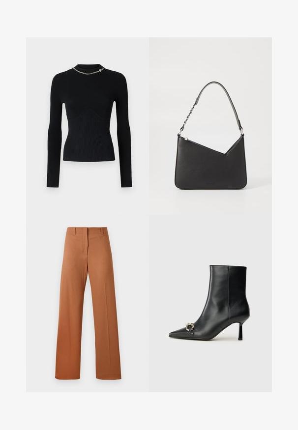 Maglione nero a costine con maniche lunghe e silhouette aderente, dotato di un collo rotondo. Presenta un dettaglio di catena vicino al colletto. Texture morbida.; Pantaloni a gamba larga in un ricco tessuto marrone, caratterizzati da una superficie liscia, vita regolare con passanti per cintura e dettagli di piega anteriore.; Stivale alla caviglia in pelle nera con punta affusolata, tacco sottile di media altezza e dettaglio in fibbia argentata sul lato, su sfondo semplice.; Borsa a mano in pelle nera con forma triangolare, una tracolla sottile e accessori in argento. Presenta una chiusura con zip e un logo impresso sul davanti.
