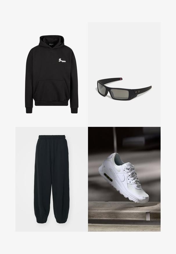 Felpa con cappuccio nera realizzata in pile. Presenta una tasca frontale a marsupio, polsini a coste e un logo bianco ricamato sul petto.; Pantaloni da jogging neri con vita elasticizzata, dalla vestibilità morbida, caviglie a costina, texture liscia e senza motivi visibili o dettagli in metallo.; Sneaker Nike Air Max 90 bianco con tomaia in mesh e pelle, punta forata e un'unità air visibile nel tallone.; Occhiali da sole neri con finitura opaca, lenti rettangolari, leggero curvatura sulle tempie, dettaglio logo discreto e lenti color fumo.