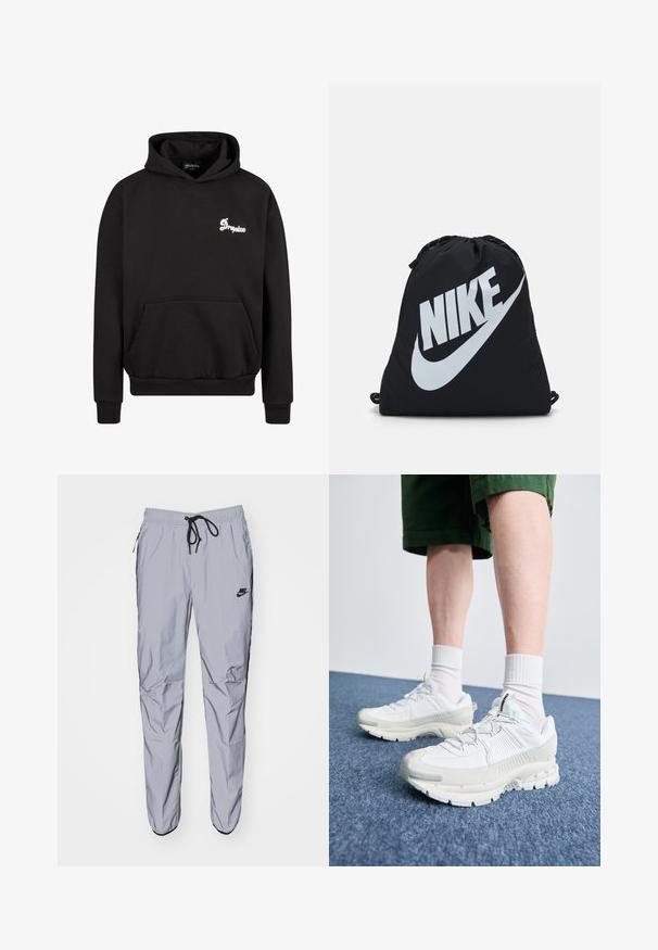 Schwarzer Kapuzenpullover aus Fleece. Mit einer Fronttasche, gerippten Bündchen und einem gestickten weißen Logo auf der Brust.; Hellgraue Sweatpants aus einem glatten, leichten Stoff mit schwarzen Akzenten. Sie verfügen über einen elastischen Bund mit Kordelzug und seitlichen Taschen.; Weiße Sportschuhe mit strukturierten Überzügen, einer dicken Sohle und grauen Akzenten. Tragen mit weißen Crew-Socken und grünen Shorts auf einer blauen Oberfläche.; Schwarzer Zugbeutel mit großem weißen Nike-Logo. Hergestellt aus leichtem Stoff mit glatter Oberfläche und runder Form.